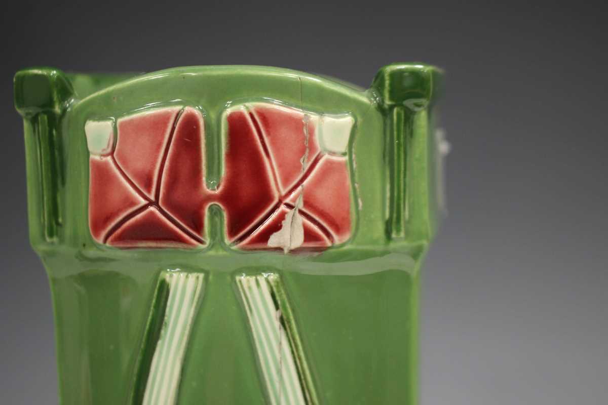 A pair of Secessionist Eichwald majolica vases, early 20th century, of square section flanked by - Image 4 of 13