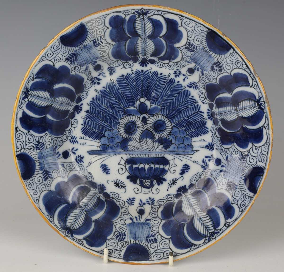 A Dutch delft Peacock pattern plate by De Porceleyne Claeuw, 18th century, painted in blue within an - Image 7 of 8