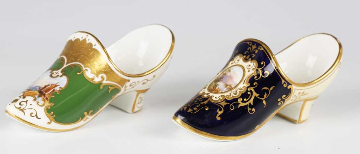 Two Coalport porcelain models of slippers or shoes, early 20th century, the first painted with a