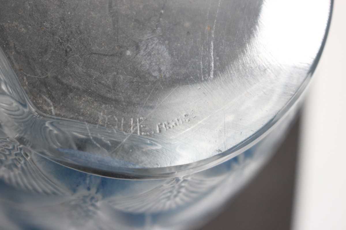 An Art Deco Lalique frosted and blue stained Herblay glass vase, designed 1932, acid etched mark 'R. - Image 3 of 4