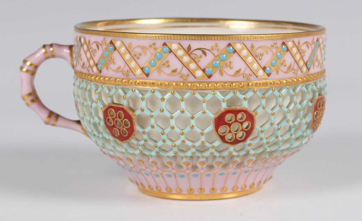 A pair of Royal Worcester reticulated cups and saucers, circa 1876, of double-walled construction, - Image 5 of 24