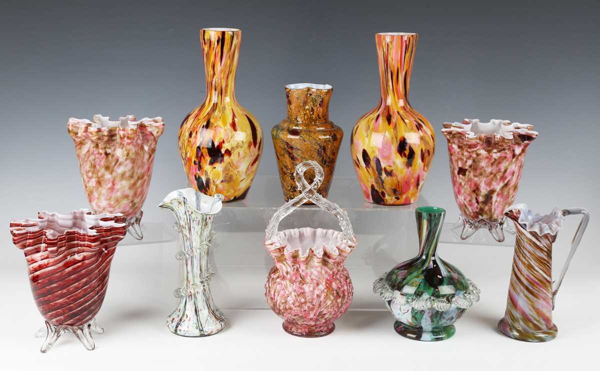 A mixed group of spatter glass, English and European, late 19th/20th century, some pieces in the