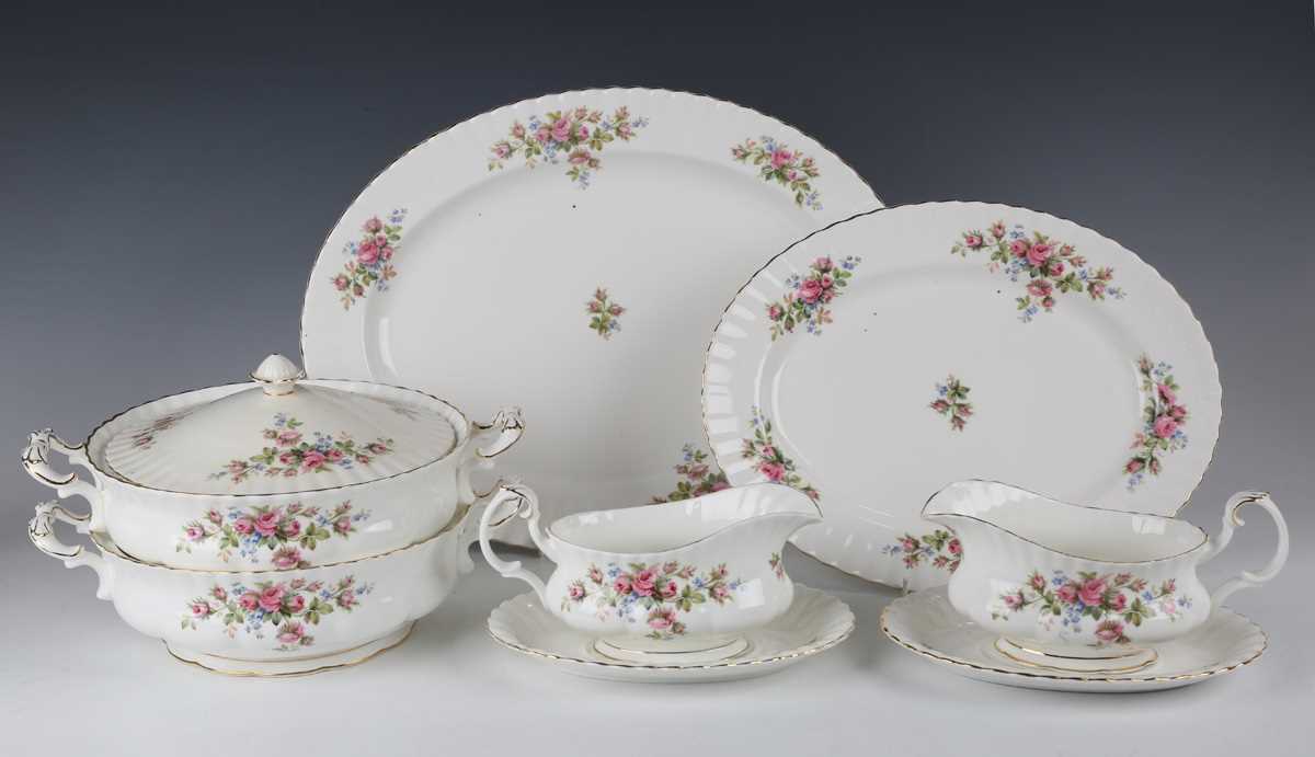 A Royal Albert Moss Rose pattern part service, including two tureens and one cover, two graduated