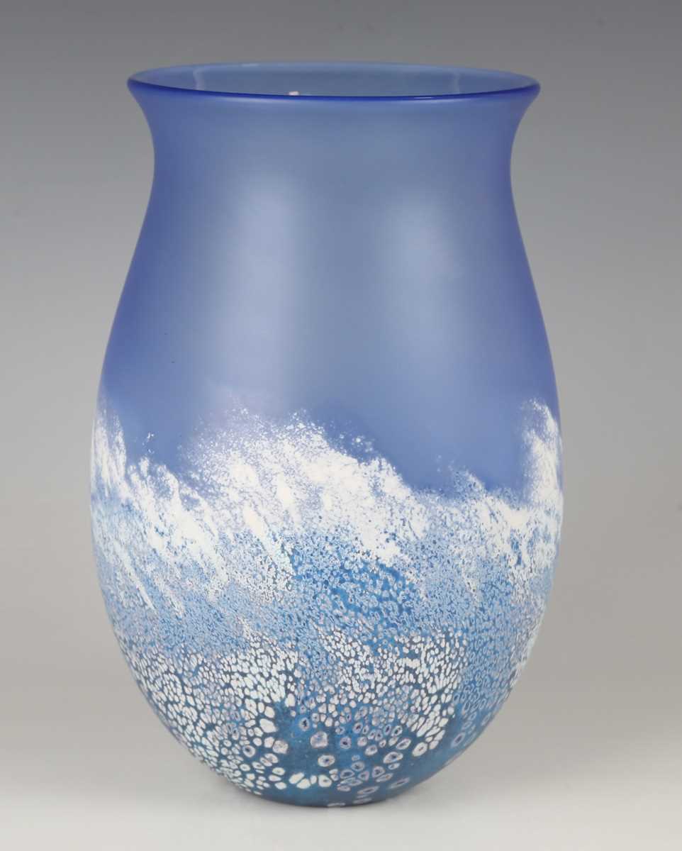 A Malcolm Sutcliffe studio glass vase, contemporary, the frosted blue body cased in darker blue
