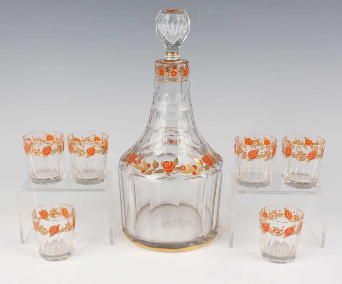 An Art Deco Daum Nancy glass decanter and stopper and six matching shot glasses, each piece of