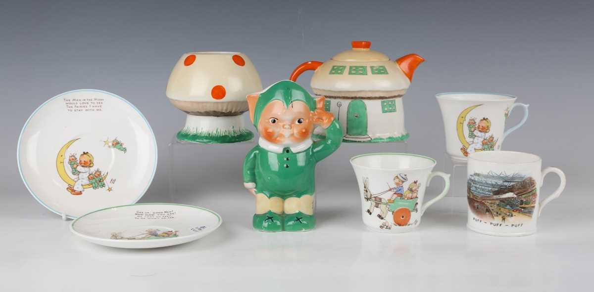 A Shelley Boo Boo three-piece nursery teaset, 1930s, designed by Mabel Lucie Attwell, comprising a