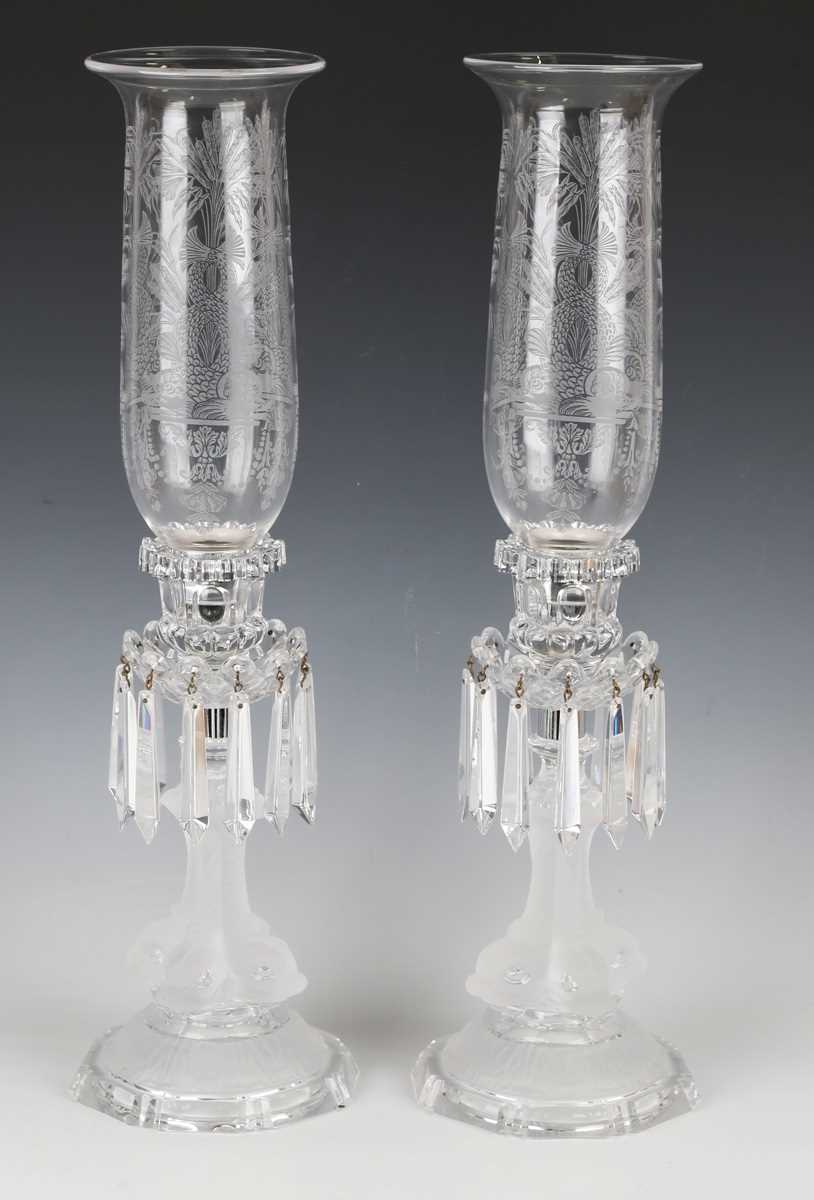 A pair of St. Louis Crystal frosted and clear glass table lustre candleholders with hurricane