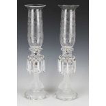 A pair of St. Louis Crystal frosted and clear glass table lustre candleholders with hurricane