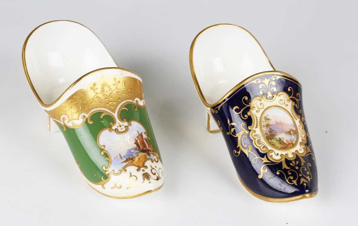 Two Coalport porcelain models of slippers or shoes, early 20th century, the first painted with a - Image 2 of 10