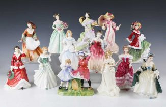 Thirteen Royal Doulton figures, comprising Wintertime, HN3622, Autumntime, HN3231, Summertime,