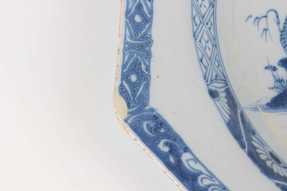 A delft octagonal plate and matching dish, Liverpool or Dublin, circa 1770, painted in blue with - Image 11 of 23