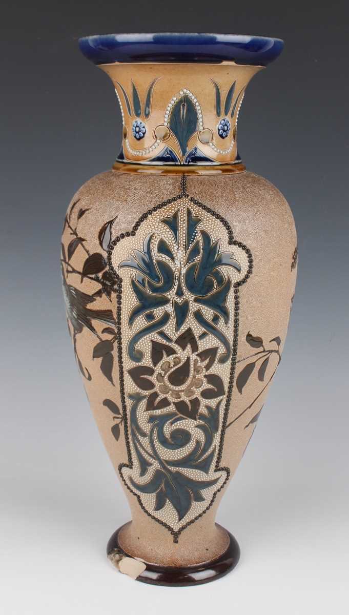 A large Doulton Lambeth stoneware vase, dated 1883, decorated by Florence Barlow, monogrammed, - Image 3 of 9