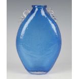 A Patrick Stern studio glass vase, contemporary, the flattened oval body of blue ice glass,