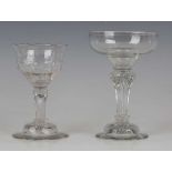 A pedestal stem sweetmeat or champagne glass, circa 1745, the ogee bowl raised on an eight sided