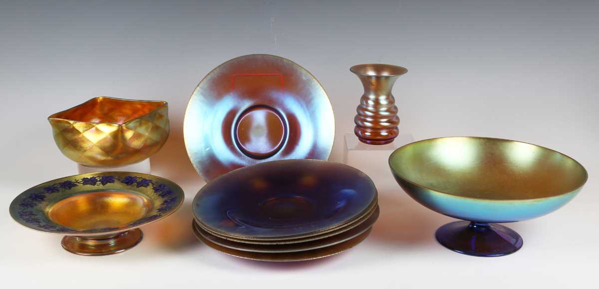 A group of WMF Myra Kristall iridescent glass, circa 1930, in shades of orange and green, comprising
