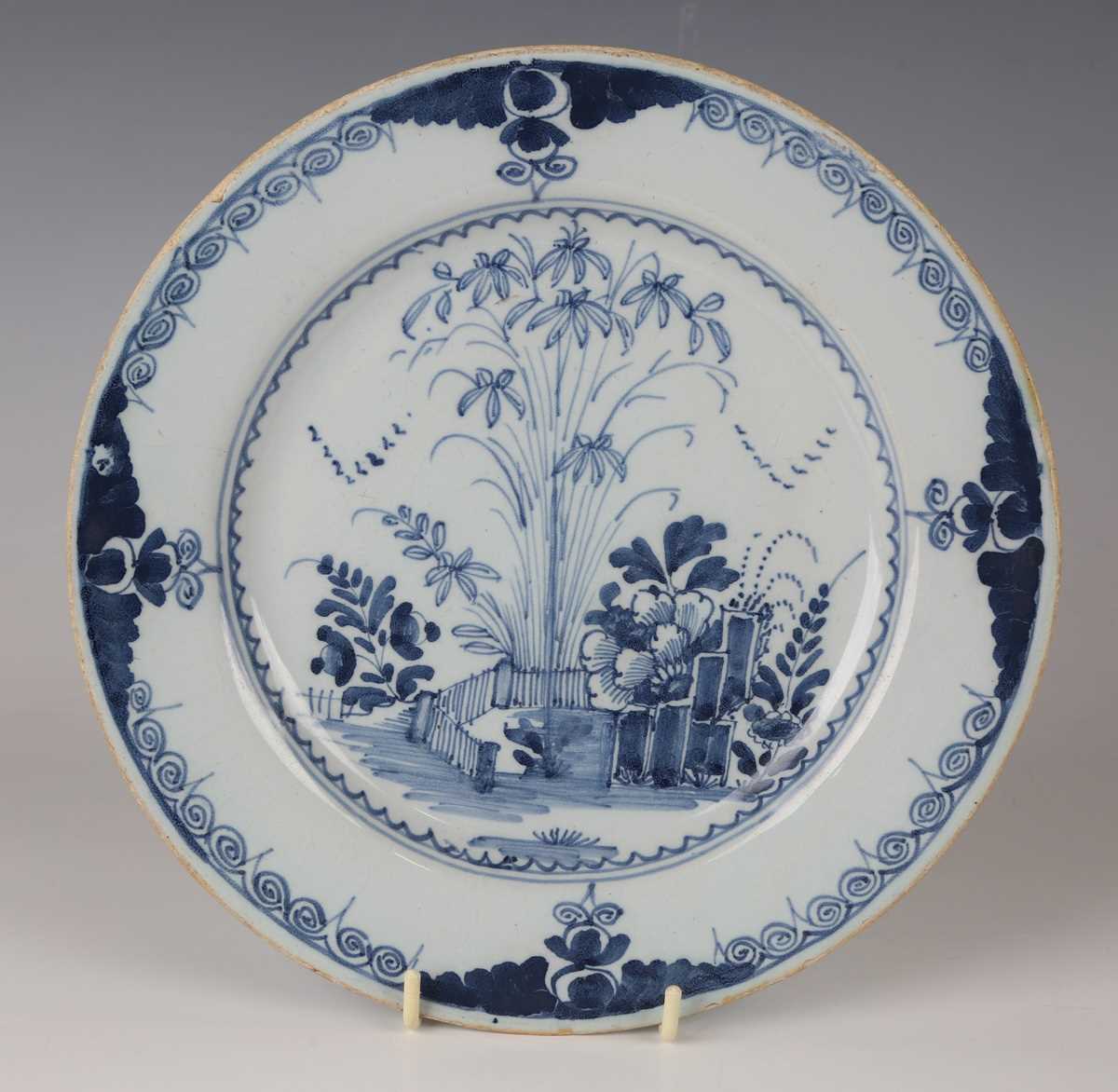 A delft octagonal plate and matching dish, Liverpool or Dublin, circa 1770, painted in blue with - Image 2 of 23