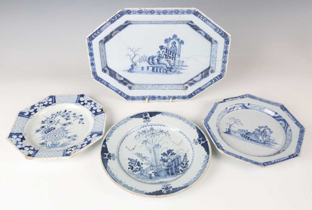 A delft octagonal plate and matching dish, Liverpool or Dublin, circa 1770, painted in blue with