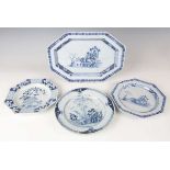 A delft octagonal plate and matching dish, Liverpool or Dublin, circa 1770, painted in blue with