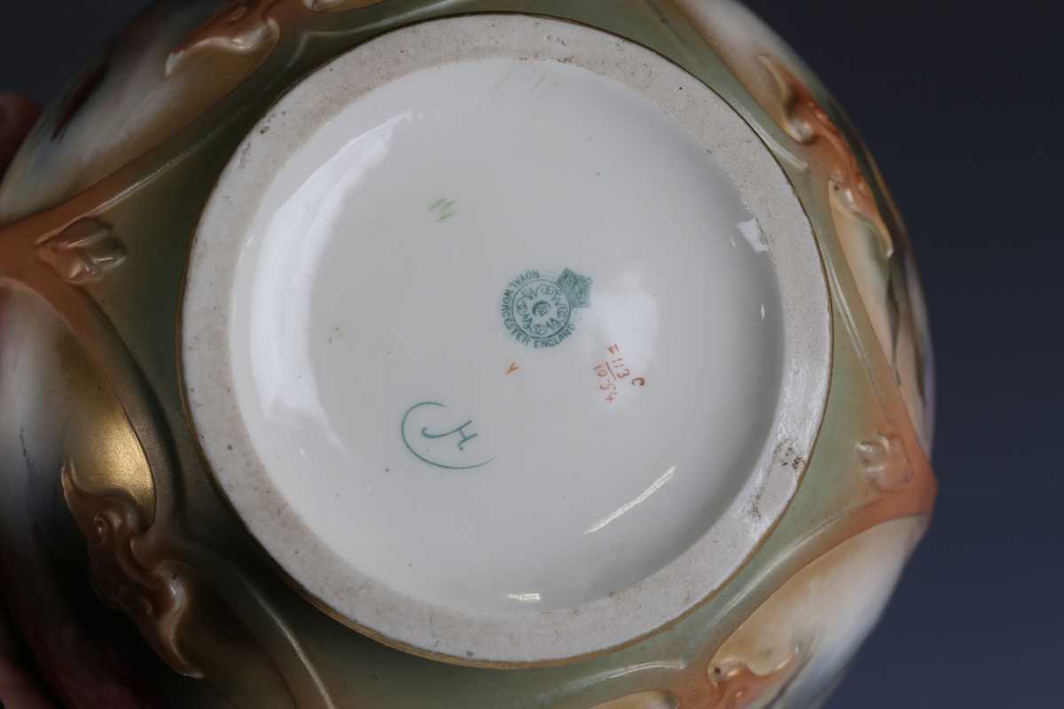 A Hadley Royal Worcester jardinière, dated 1903, painted with roses within relief borders against - Image 11 of 12