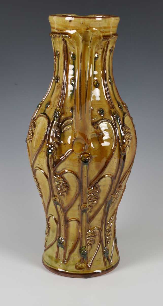 A large Doug Fitch studio pottery jug, the ochre glazed pear shaped body with appliqué medieval - Image 4 of 6