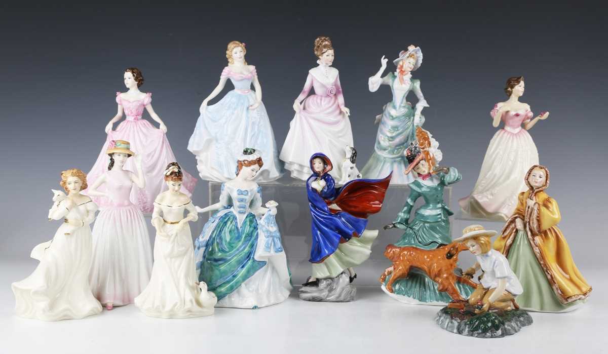 Thirteen Royal Doulton figures, comprising Charity, HN4243, Linda, HN3374, signed to base, Gardening