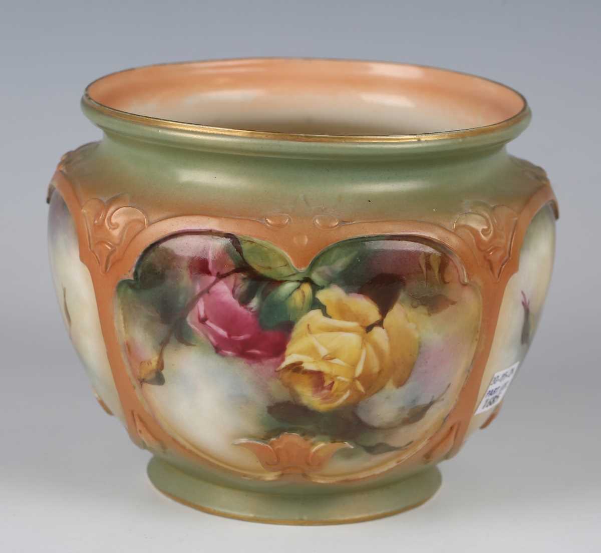 A Hadley Royal Worcester jardinière, dated 1903, painted with roses within relief borders against - Image 8 of 12