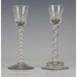 A double series opaque twist stem cordial glass, circa 1770, the basal fluted bowl raised on a plain