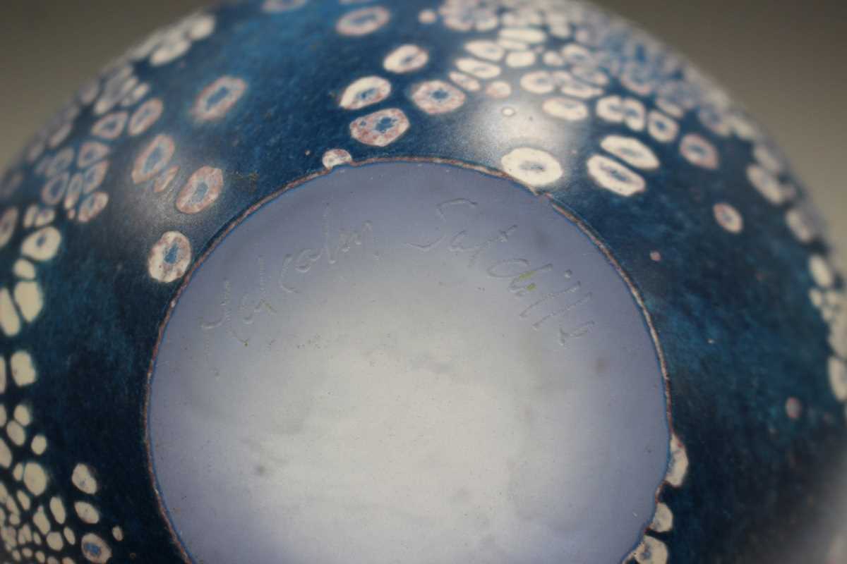 A Malcolm Sutcliffe studio glass vase, contemporary, the frosted blue body cased in darker blue - Image 3 of 3