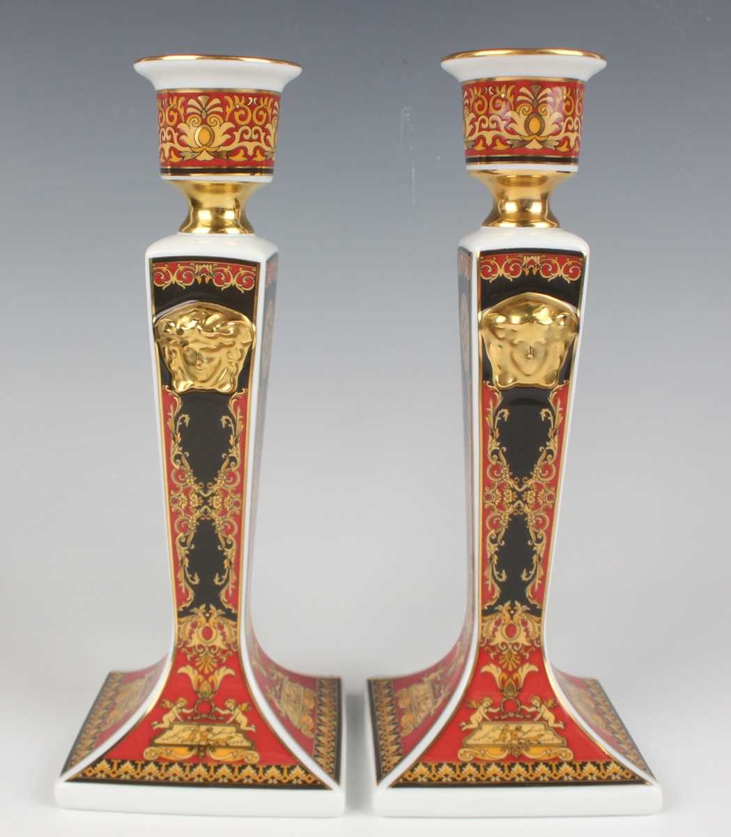 A pair of Rosenthal Versace Medusa pattern candlesticks, late 20th century, gilt printed marks to - Image 3 of 4