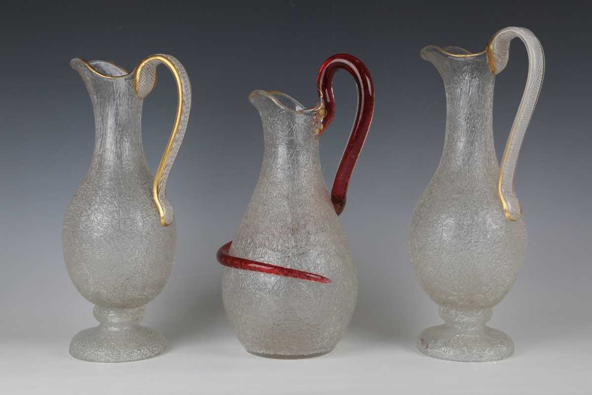 A craquelure ice glass jug with entwined red snake handle, Bohemian or French, circa 1850, with gilt