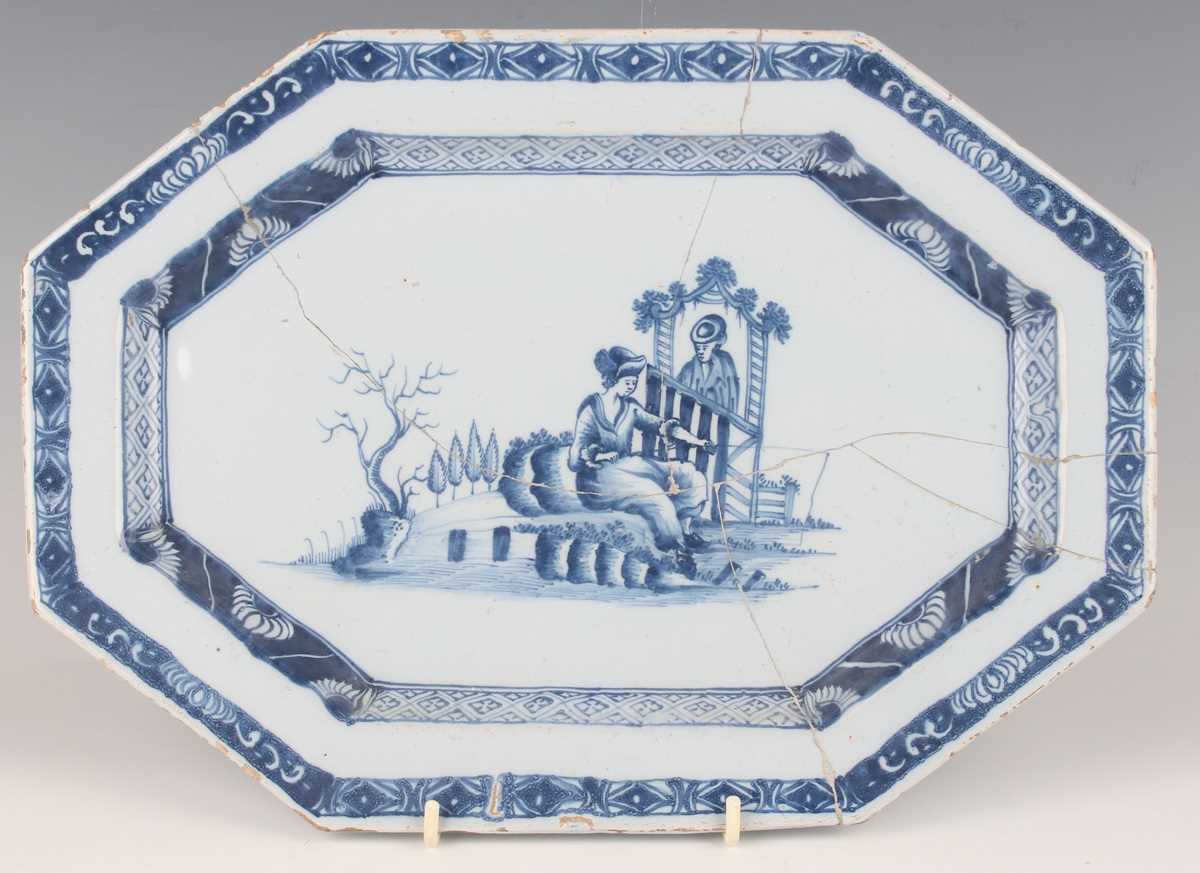 A delft octagonal plate and matching dish, Liverpool or Dublin, circa 1770, painted in blue with - Image 16 of 23