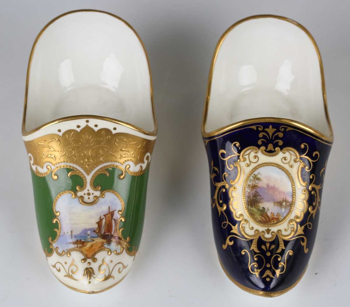 Two Coalport porcelain models of slippers or shoes, early 20th century, the first painted with a - Image 3 of 10