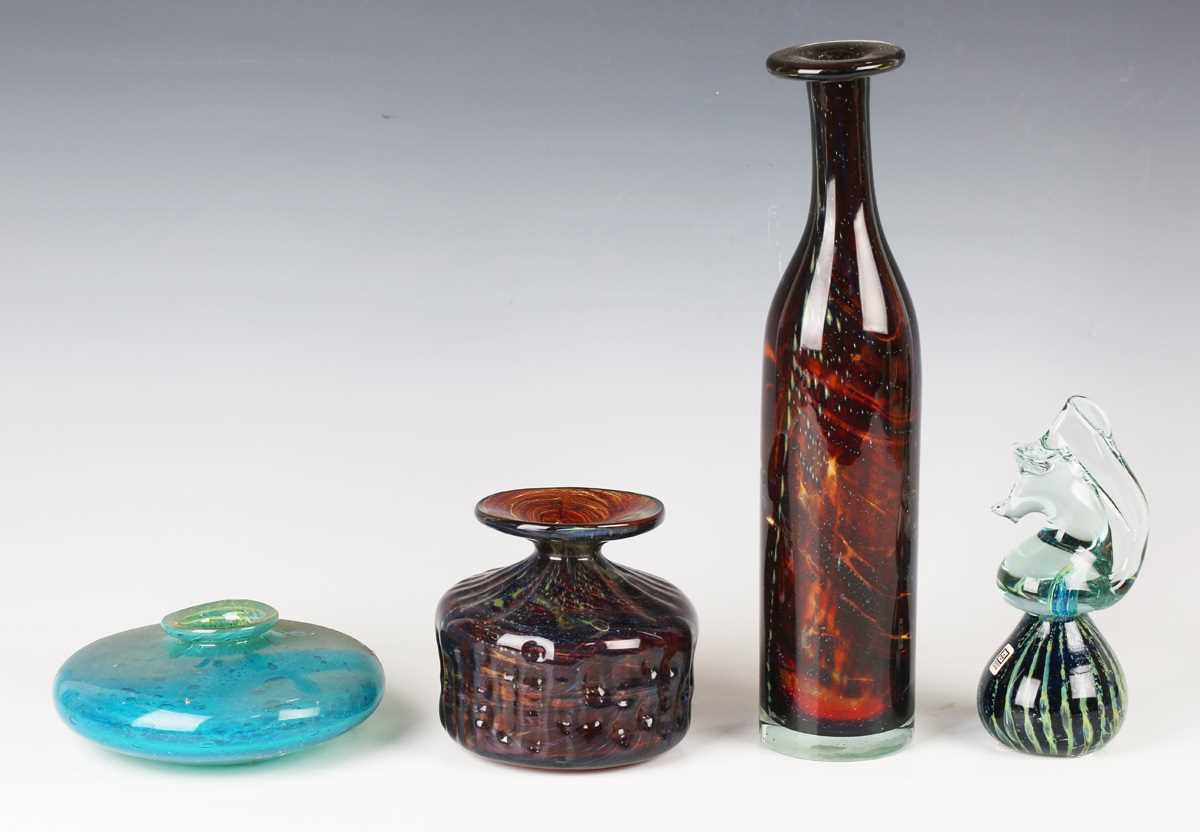 A Mdina tortoiseshell moulded glass vase, engraved mark to base, height 12cm, a similar bottle vase,