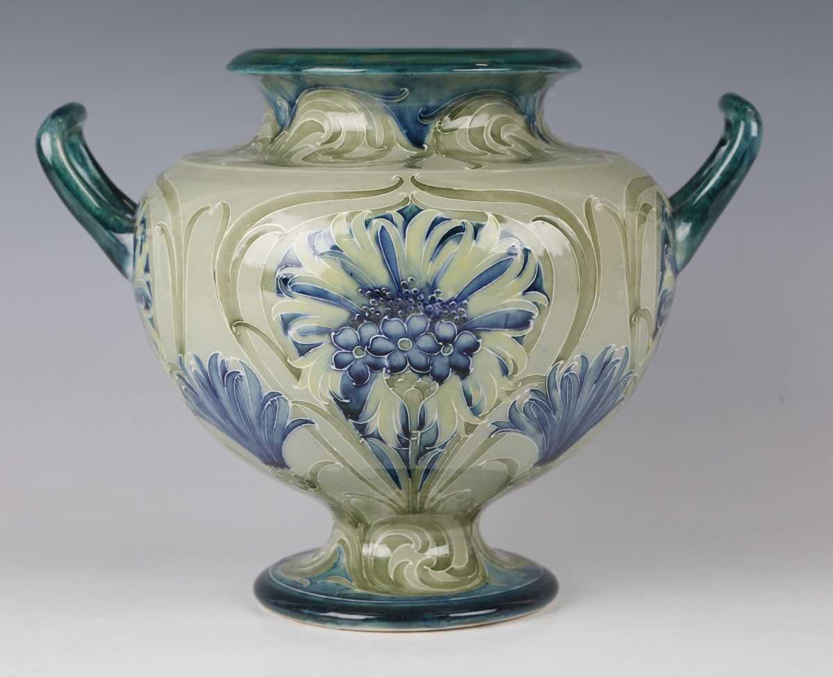 A Moorcroft Florian Ware Cornflower pattern two-handled vase, circa 1900-02, in shades of green