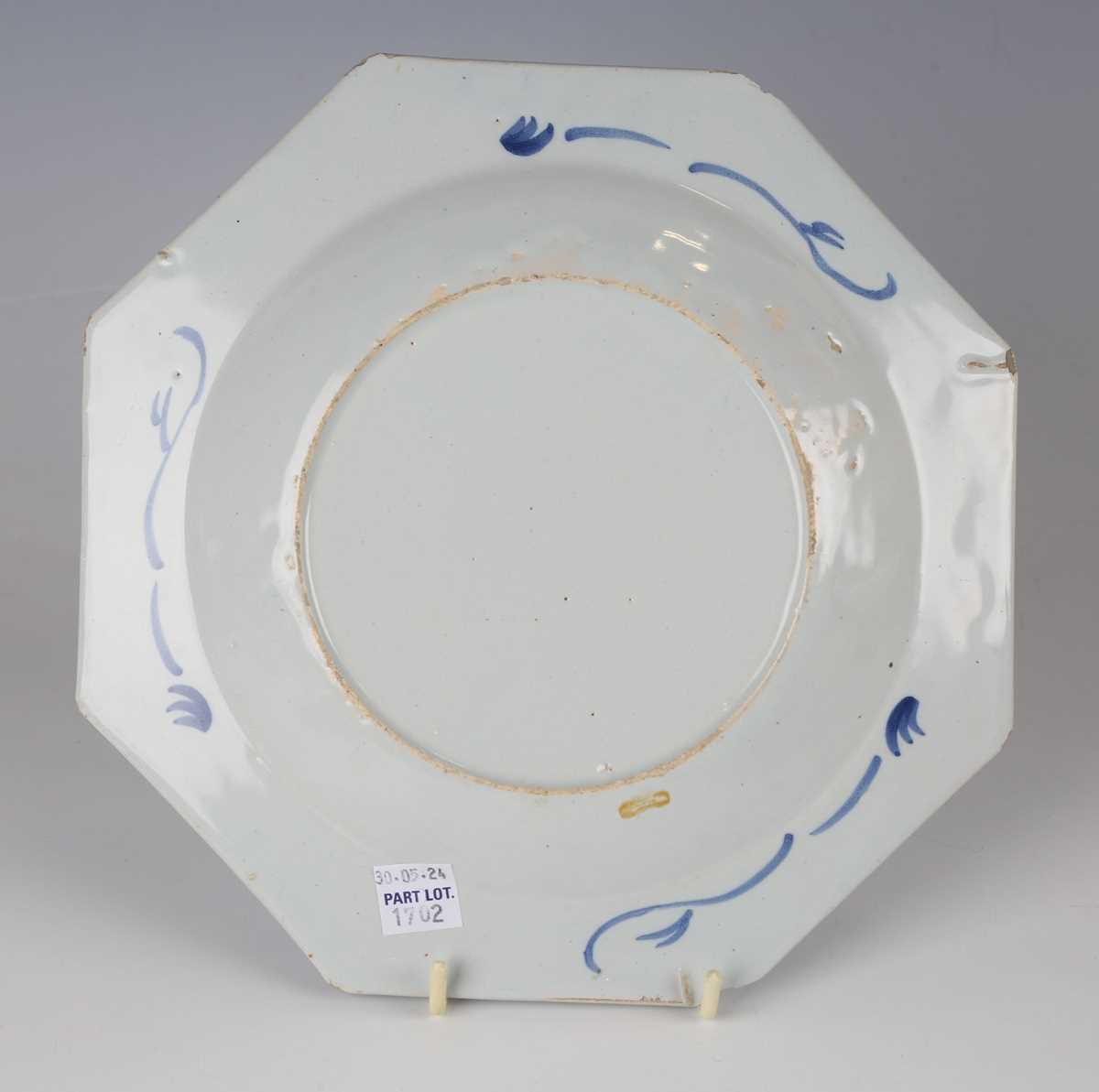 A delft octagonal plate and matching dish, Liverpool or Dublin, circa 1770, painted in blue with - Image 5 of 23