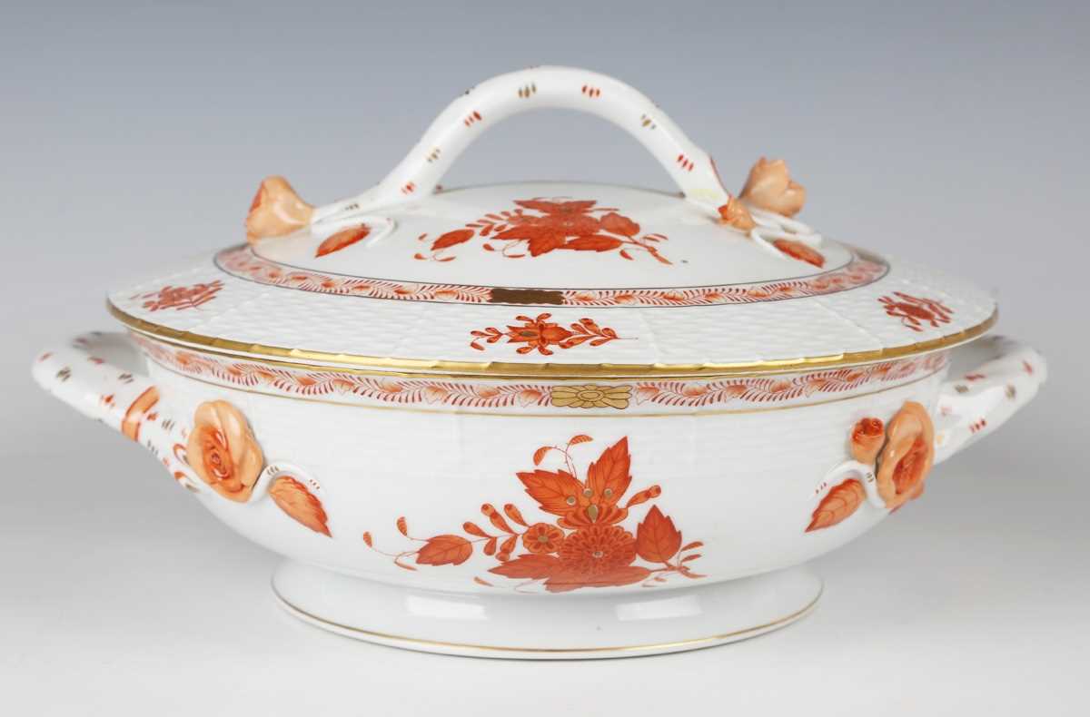 A Herend porcelain Chinese Bouquet Rust/Apponyi Orange circular tureen and cover, the handles with