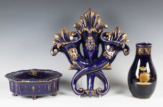 Three pieces of Gustave Asch French pottery, early to mid-20th century, each glazed in cobalt blue
