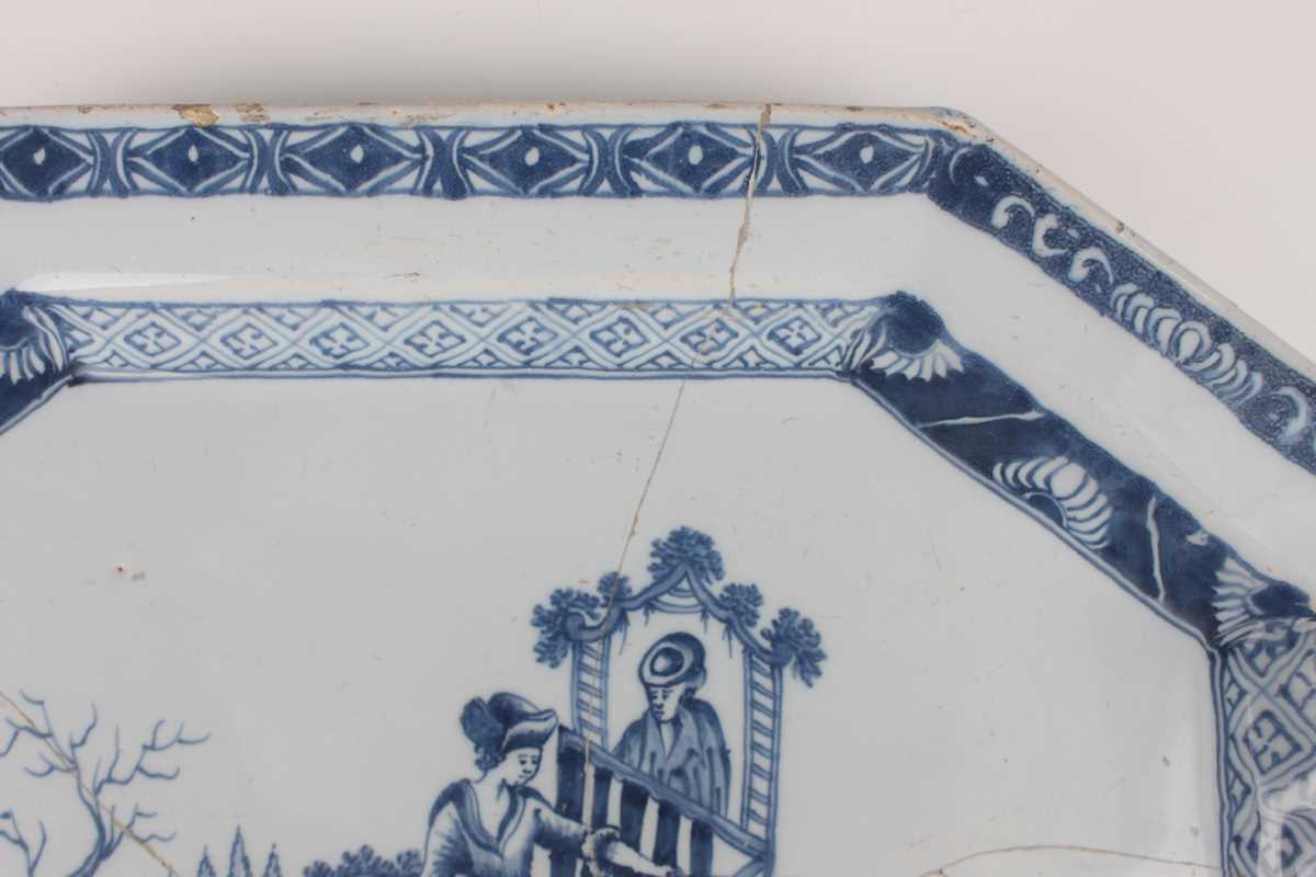 A delft octagonal plate and matching dish, Liverpool or Dublin, circa 1770, painted in blue with - Image 22 of 23