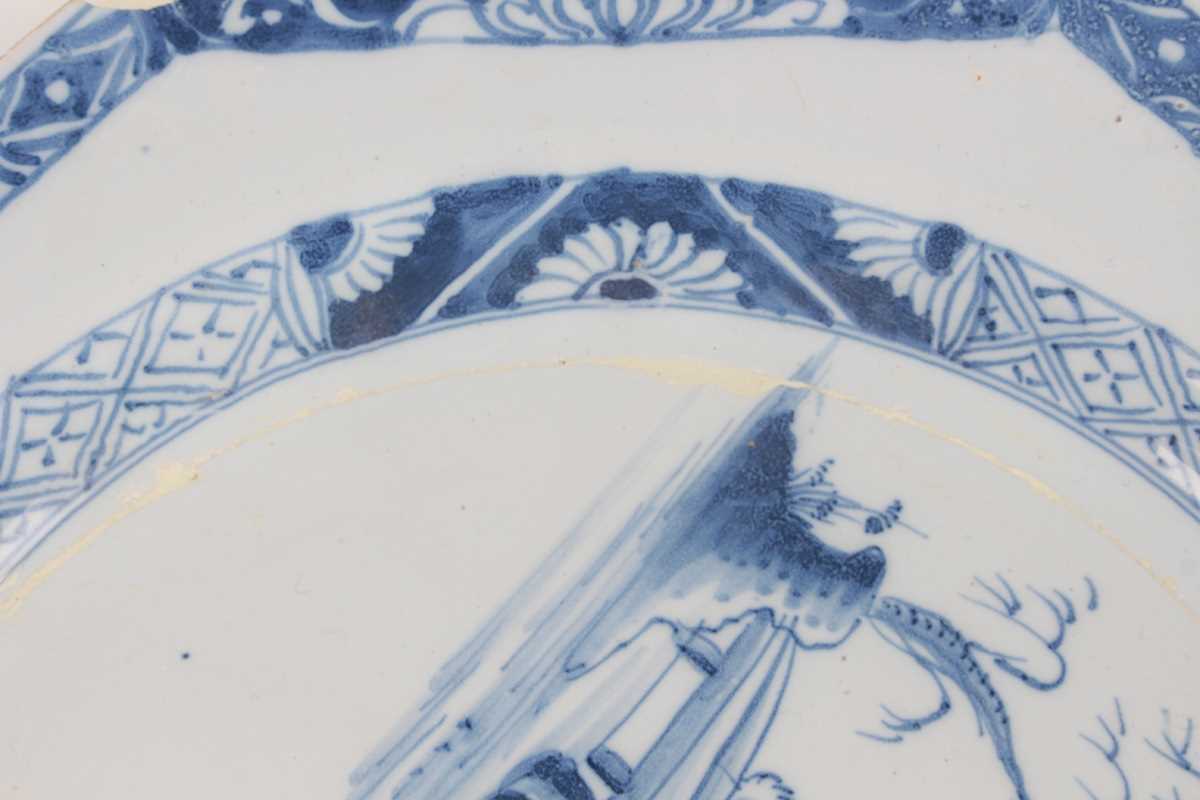 A delft octagonal plate and matching dish, Liverpool or Dublin, circa 1770, painted in blue with - Image 12 of 23