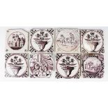 A set of four Dutch delft tiles, mid to late 18th century, each painted in manganese with a flower-