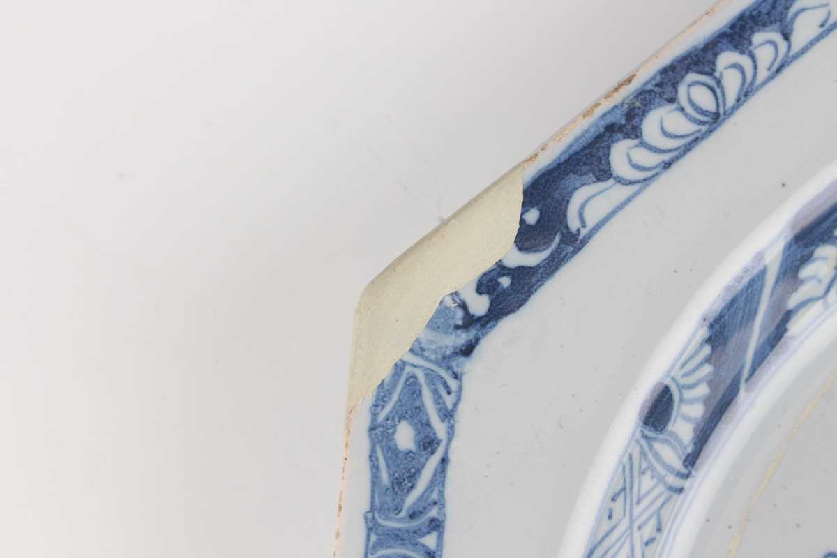 A delft octagonal plate and matching dish, Liverpool or Dublin, circa 1770, painted in blue with - Image 9 of 23