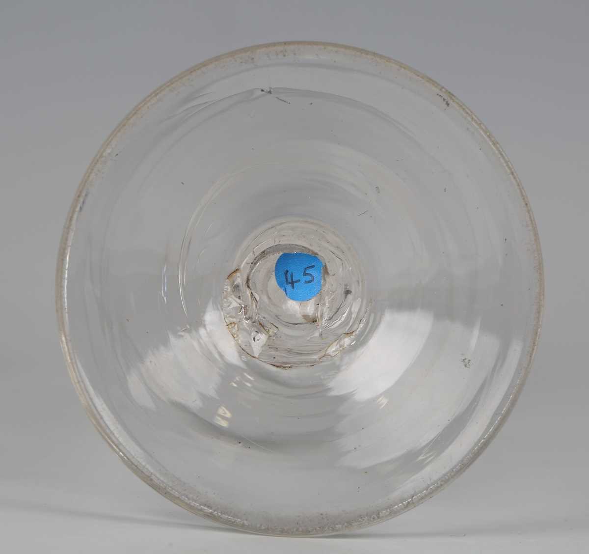 A pan-topped plain stem wine glass, circa 1740, with domed foot, height 16cm, together with two - Image 5 of 7