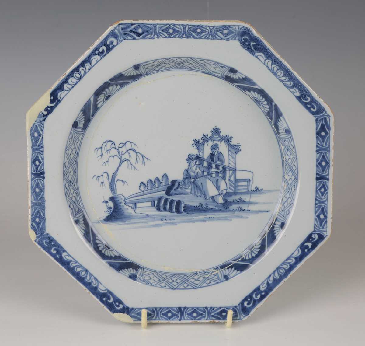 A delft octagonal plate and matching dish, Liverpool or Dublin, circa 1770, painted in blue with - Image 6 of 23