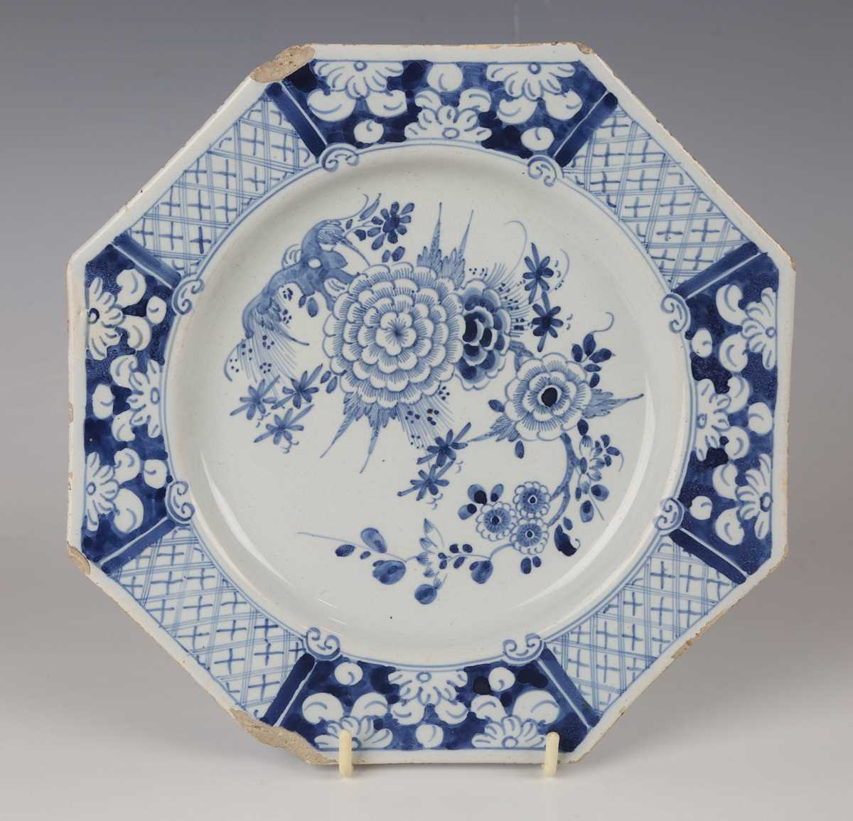 A delft octagonal plate and matching dish, Liverpool or Dublin, circa 1770, painted in blue with - Image 4 of 23