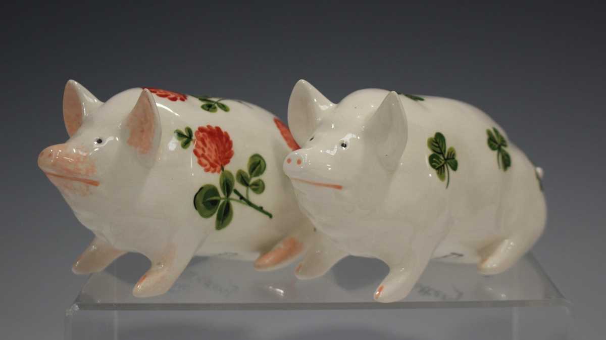 Two Griselda Hill Pottery Wemyss style small pigs, the first painted with shamrock, the second - Image 2 of 14