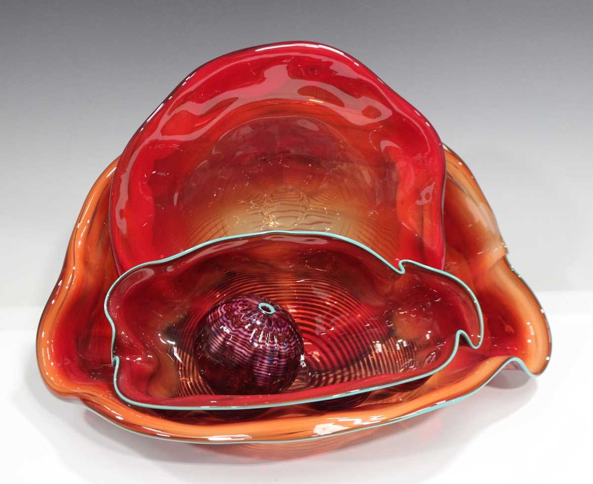 A Dale Chihuly studio art glass four-piece Persian set, dated 1987, in a violet and carmine red