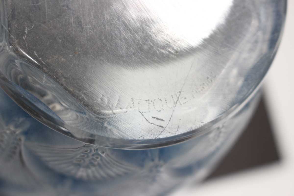 An Art Deco Lalique frosted and blue stained Herblay glass vase, designed 1932, acid etched mark 'R. - Image 2 of 4