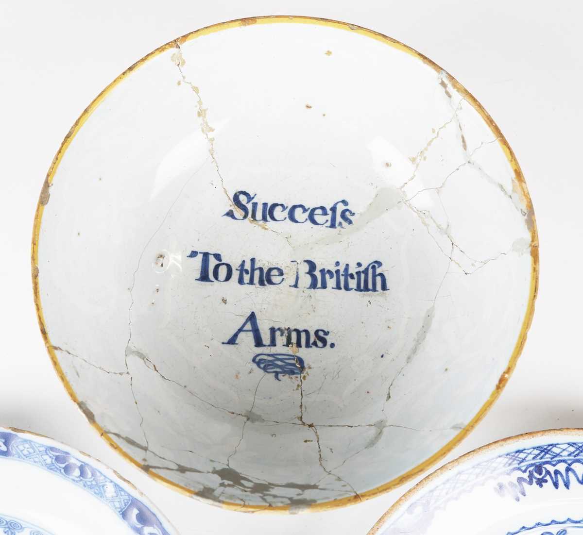 A London delft bowl, Lambeth, 1756-83, painted to the interior with the inscription 'Success To - Image 2 of 10