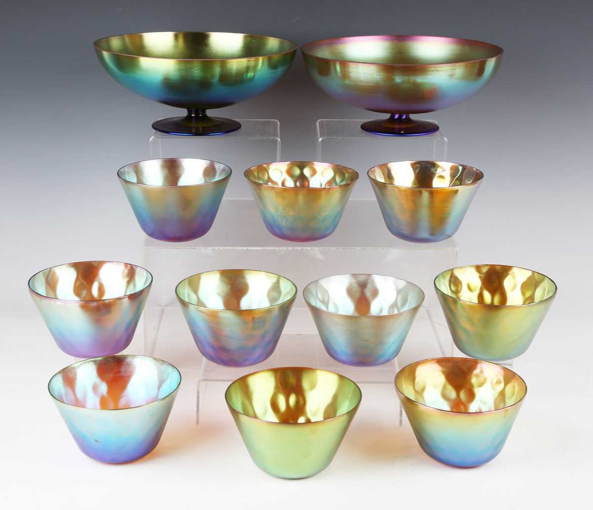 A set of ten WMF Myra-Kristall iridescent glass circular bowls, circa 1930, of gently flared from