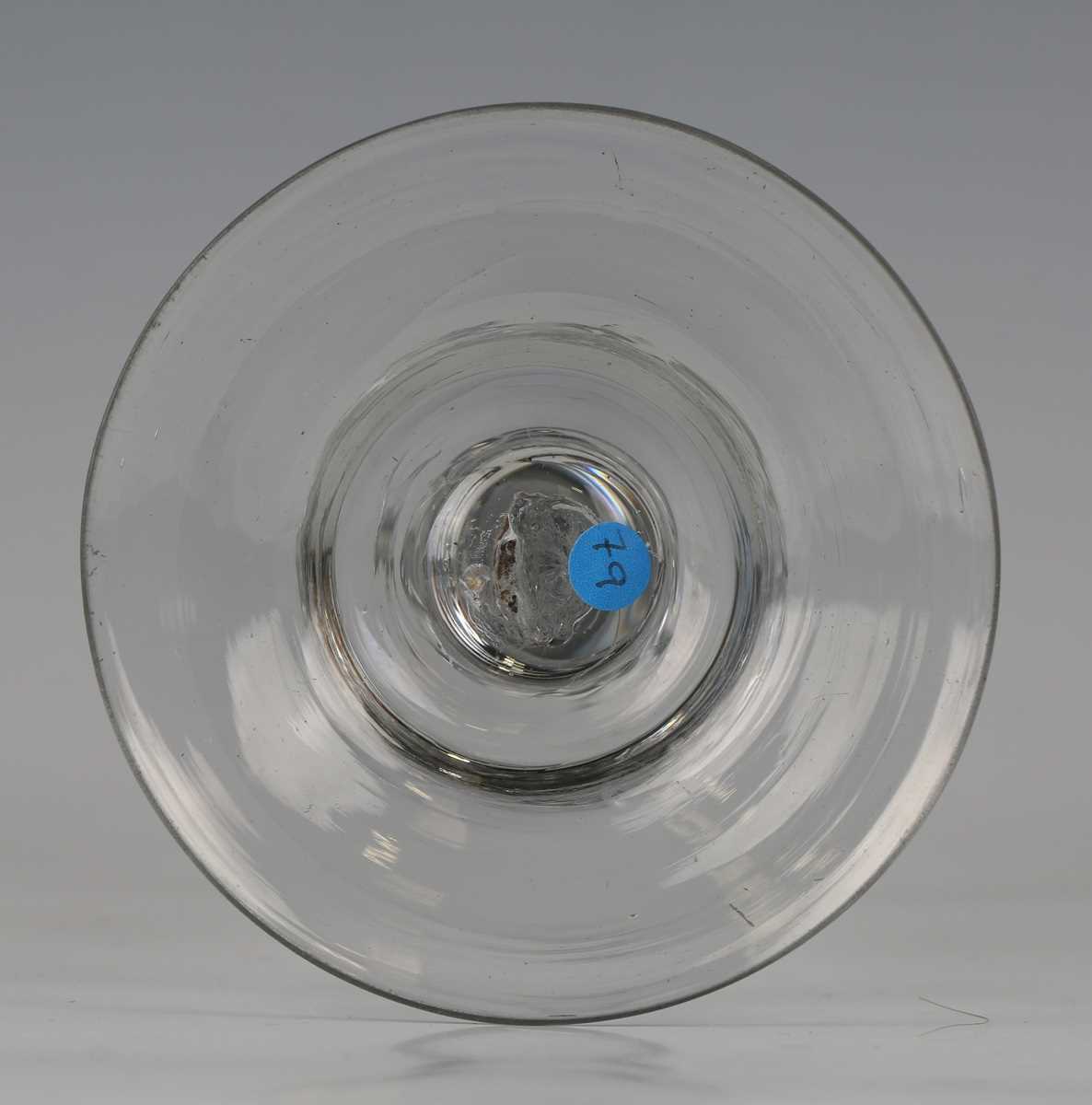 A light baluster wine glass, circa 1740, the drawn trumpet bowl above a flattened knop, the stem - Image 2 of 2